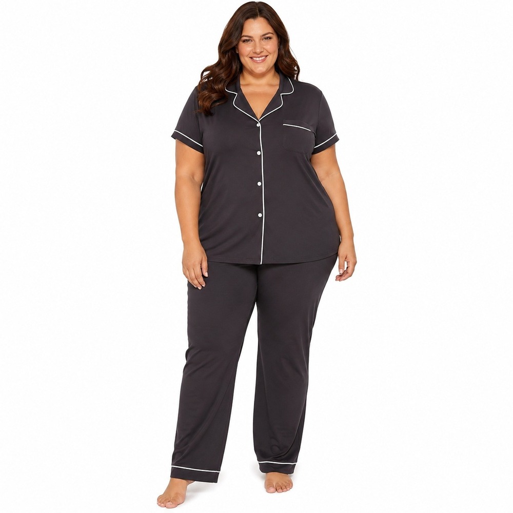 Cosabella Bella Short Sleeve Top and Pant Pajama Set Anthracite Ivory 1X NEW